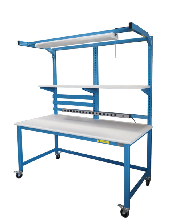 Sectionalized Slotted Modular Workbench with Bin Rail & Overhead Lightbar