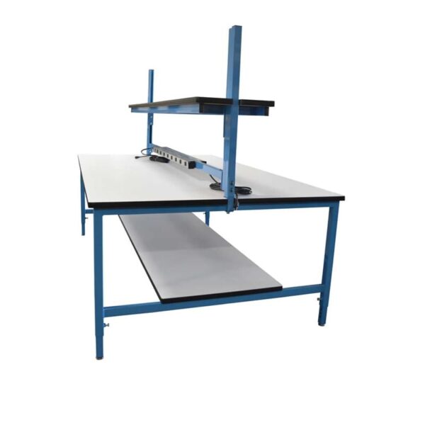 Modular Strut Channel Double Sided Workbench with Detachable Adjustable Riser Shelf