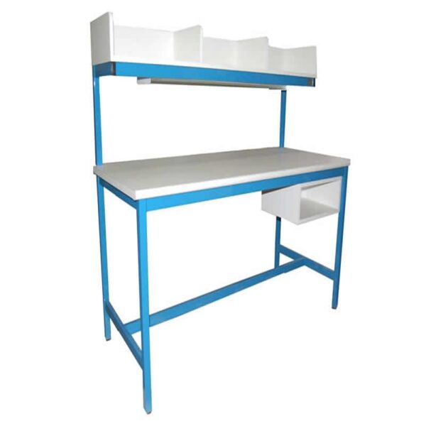 Packaging Workbench with Overhead Cubby Shelf