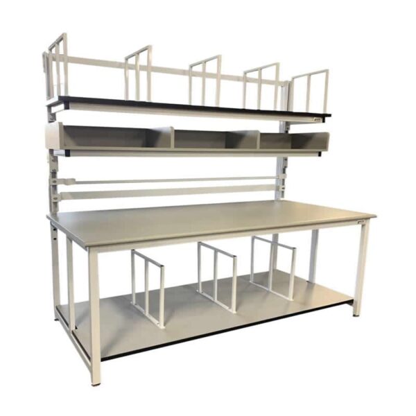 Modular Strut Channel Packaging Workstation with Overhead Storage