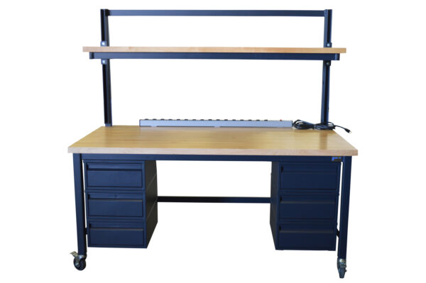 Modular Maple Top Workbench with Strut Channel Uprights, Adjustable Cantilever Shelf, drawers