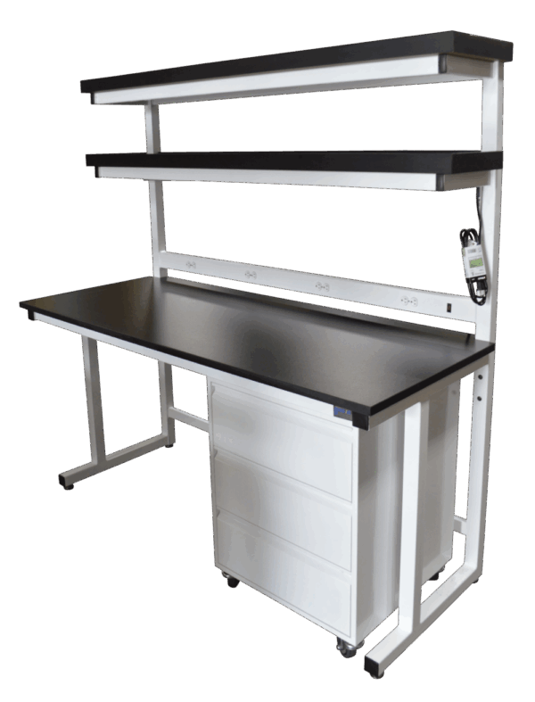 Cantilever Laboratory Workbench with Double Risers, Power Strip Inlay, Mobile Pedestal