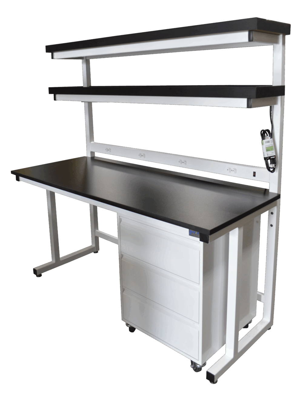 Cantilever Laboratory Workbench with Double Risers, Power Strip Inlay, Mobile Pedestal
