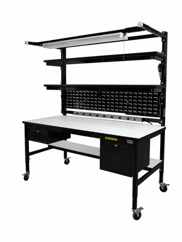 Modular Workbench with Double Shelves, Bin Panel & Overhead Lightbar