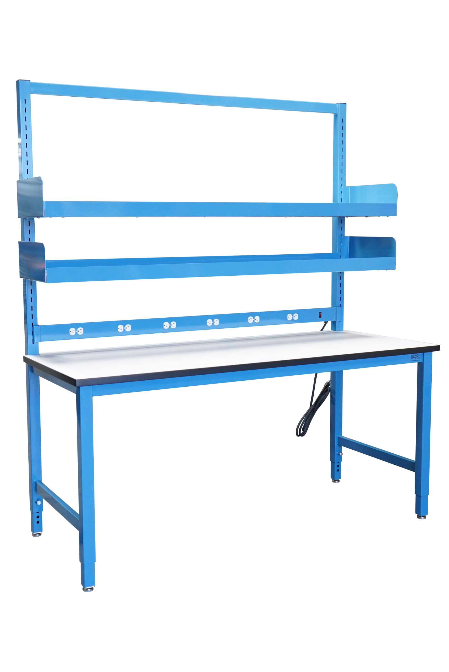 Modular Slotted Workbench with Double Cantilever Riser Shelves, PS Inlay, F/B Lip with Book Ends