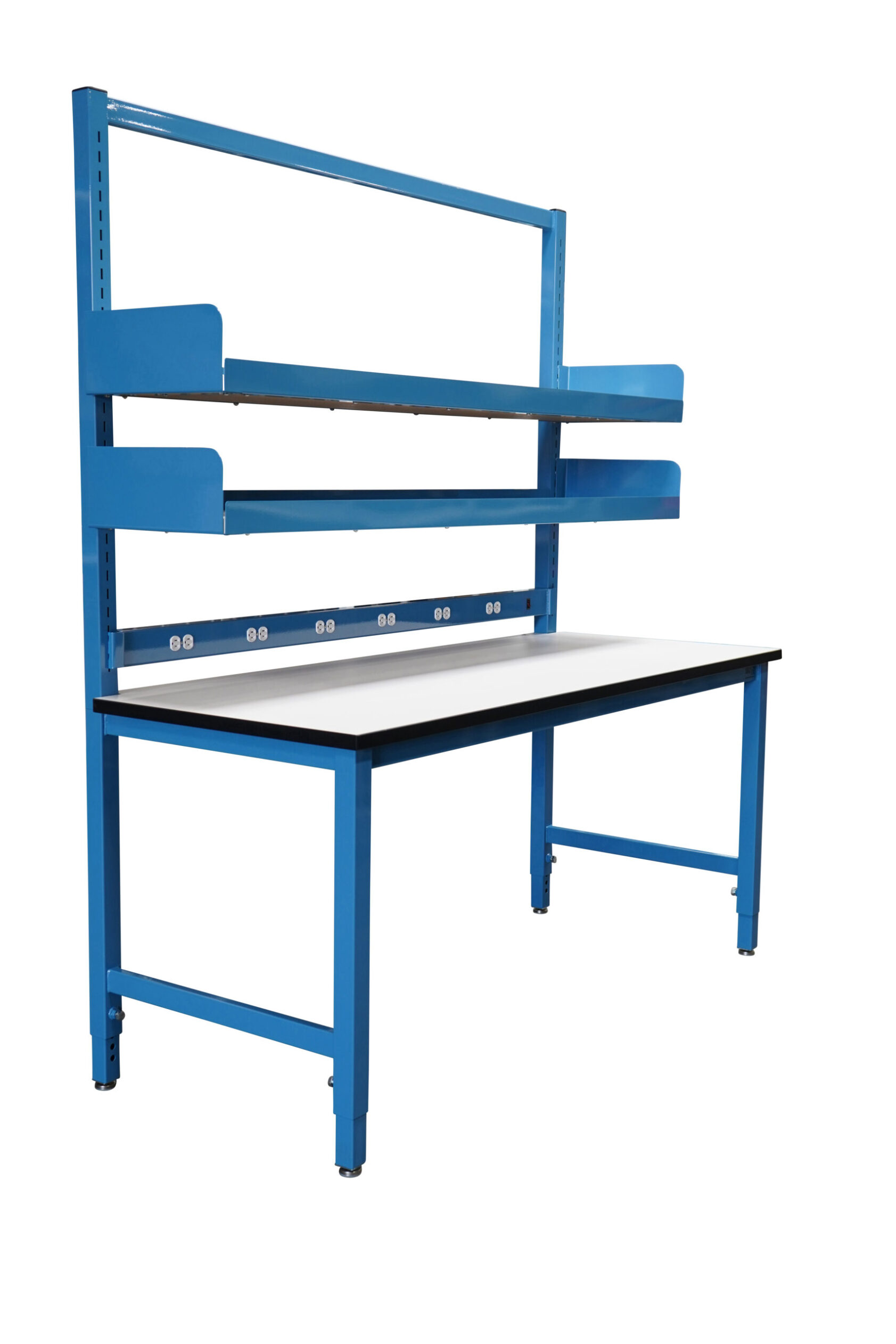 Modular Slotted Workbench with Double Cantilever Riser Shelves, PS Inlay, F/B Lip with Book Ends