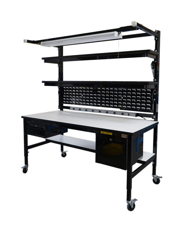 Modular Workbench with Double Shelves, Bin Panel & Overhead Lightbar