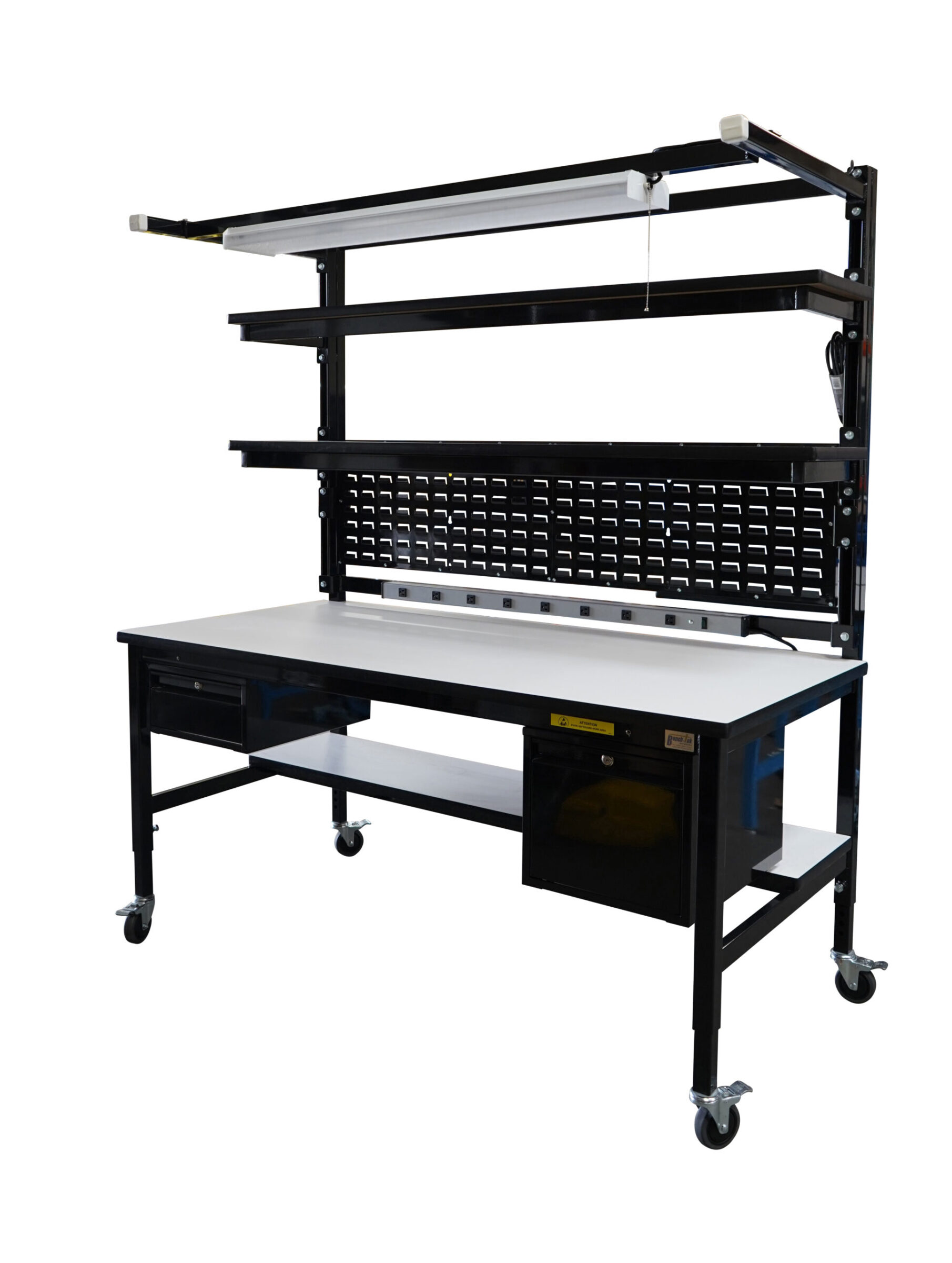 Modular Workbench with Double Shelves, Bin Panel & Overhead Lightbar
