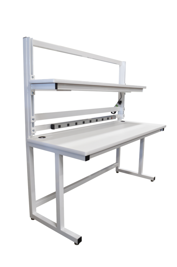 Modular Cantilever Workbench with Single Cantilever Riser, Bin Rail, Power Strip