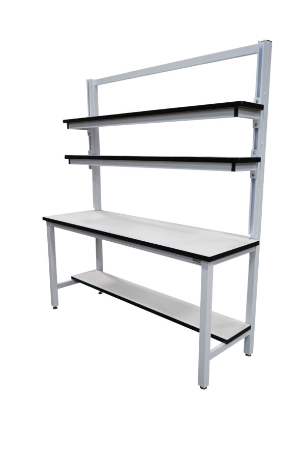 Modular Strut Channel Workbench with Double Cantilever Riser, Half Bottom Shelf