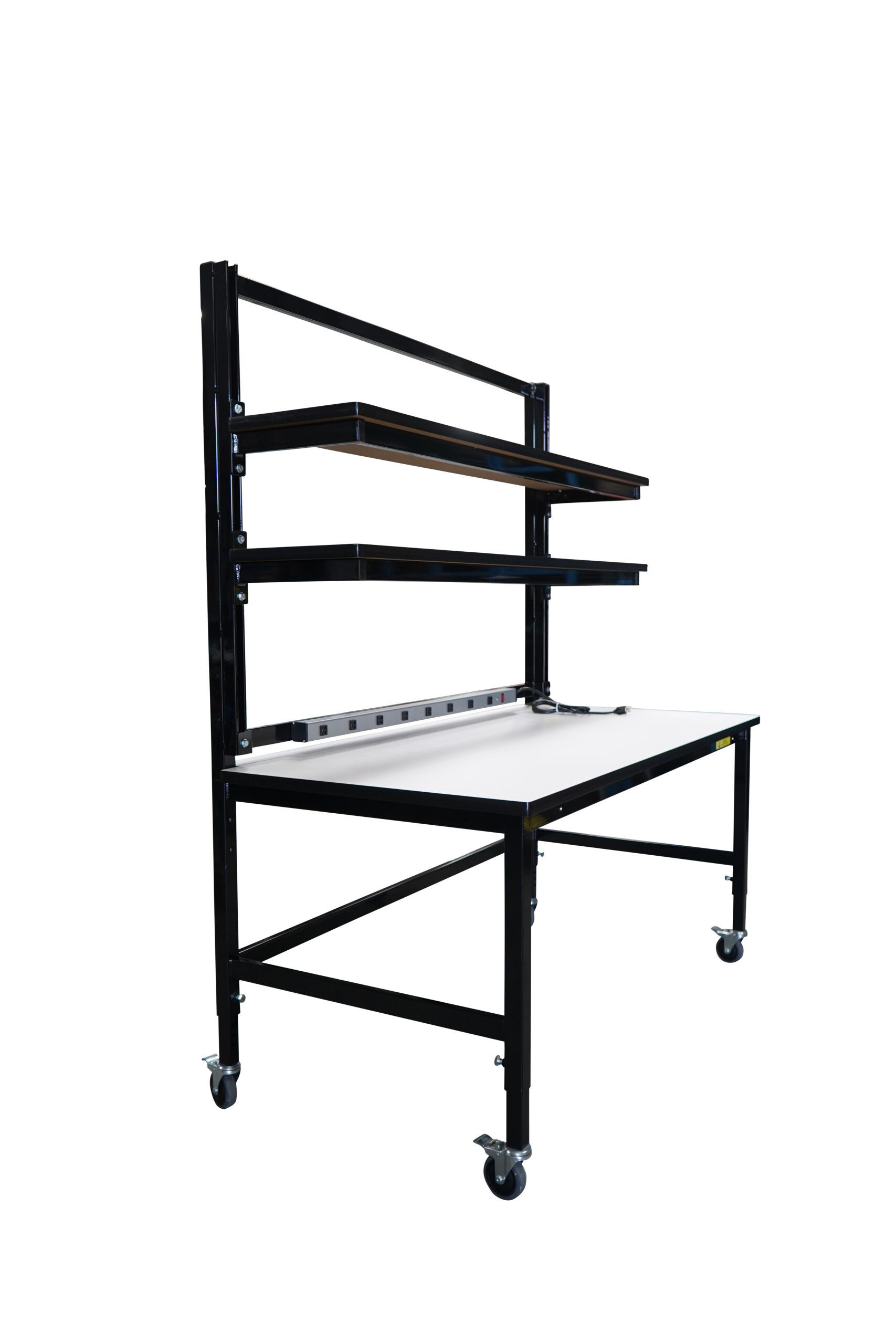 Modular Strut Channel Workbench with Double Cantilever Riser Shelves, PS Bar