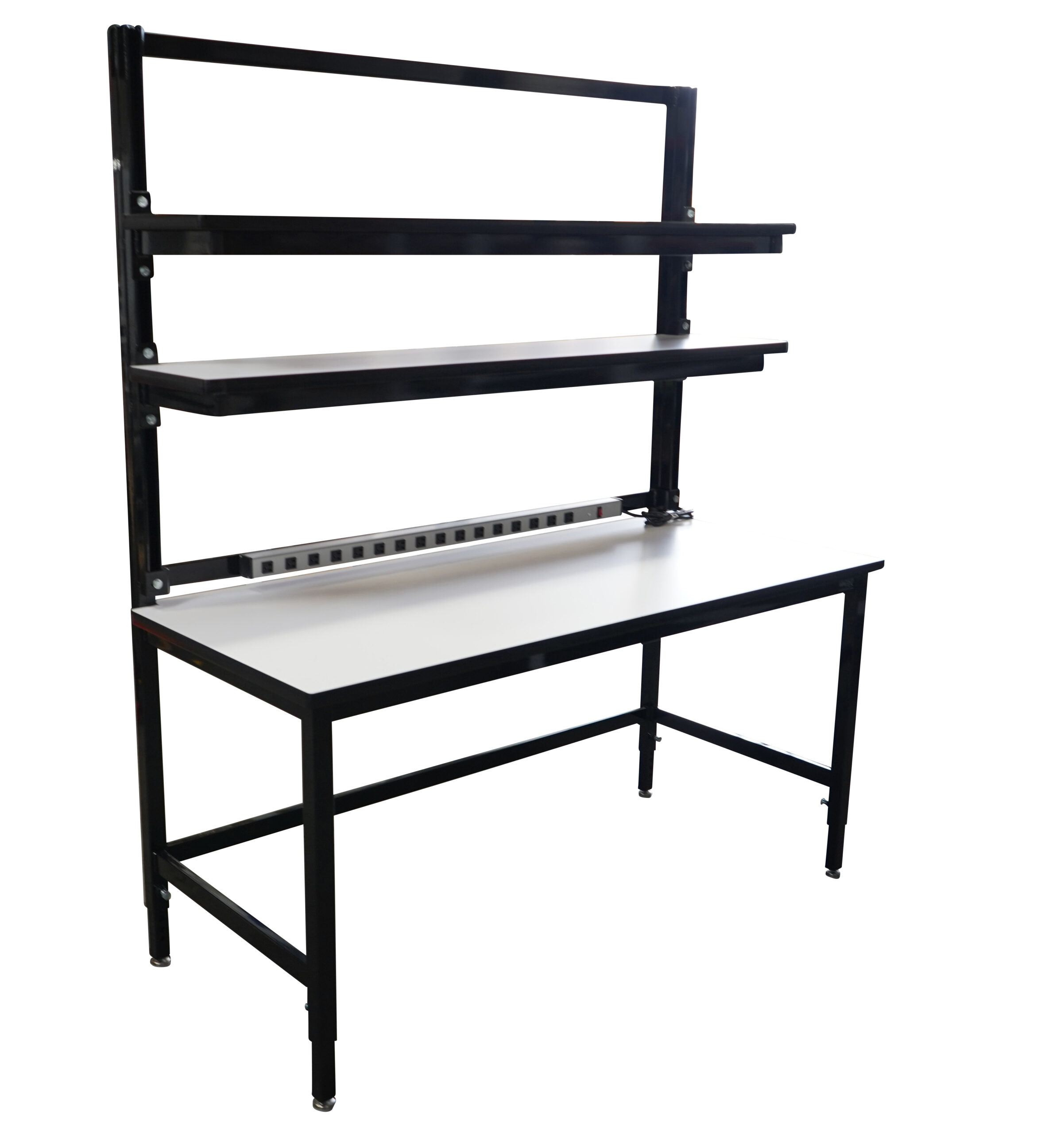 Modular Strut Channel Workbench with Double Cantilever Riser Shelves, PS Bar