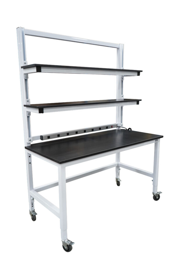 Modular Strut Channel Workbench with Double Cantilever Riser Shelves, PS Bar