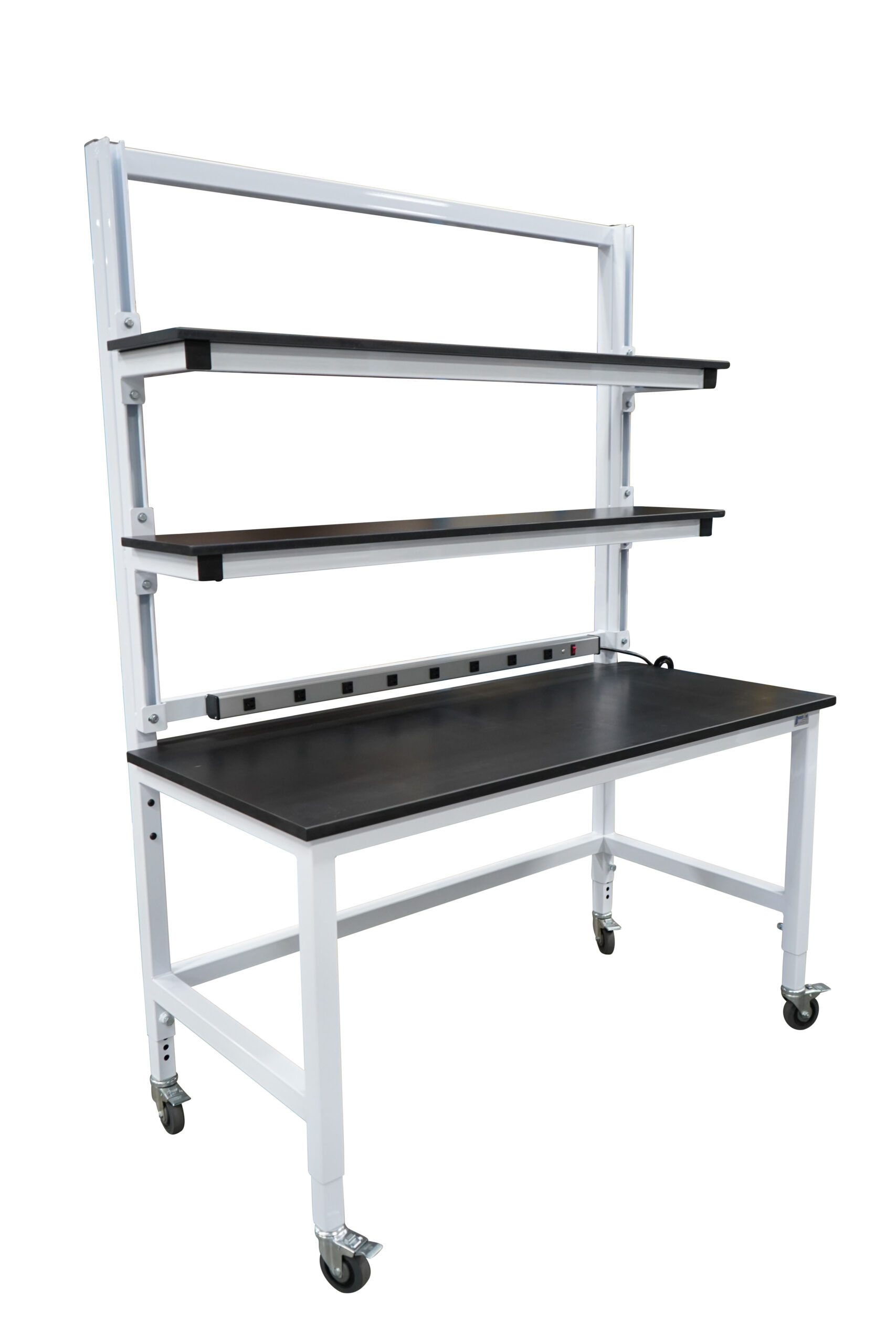 Modular Strut Channel Workbench with Double Cantilever Riser Shelves, PS Bar