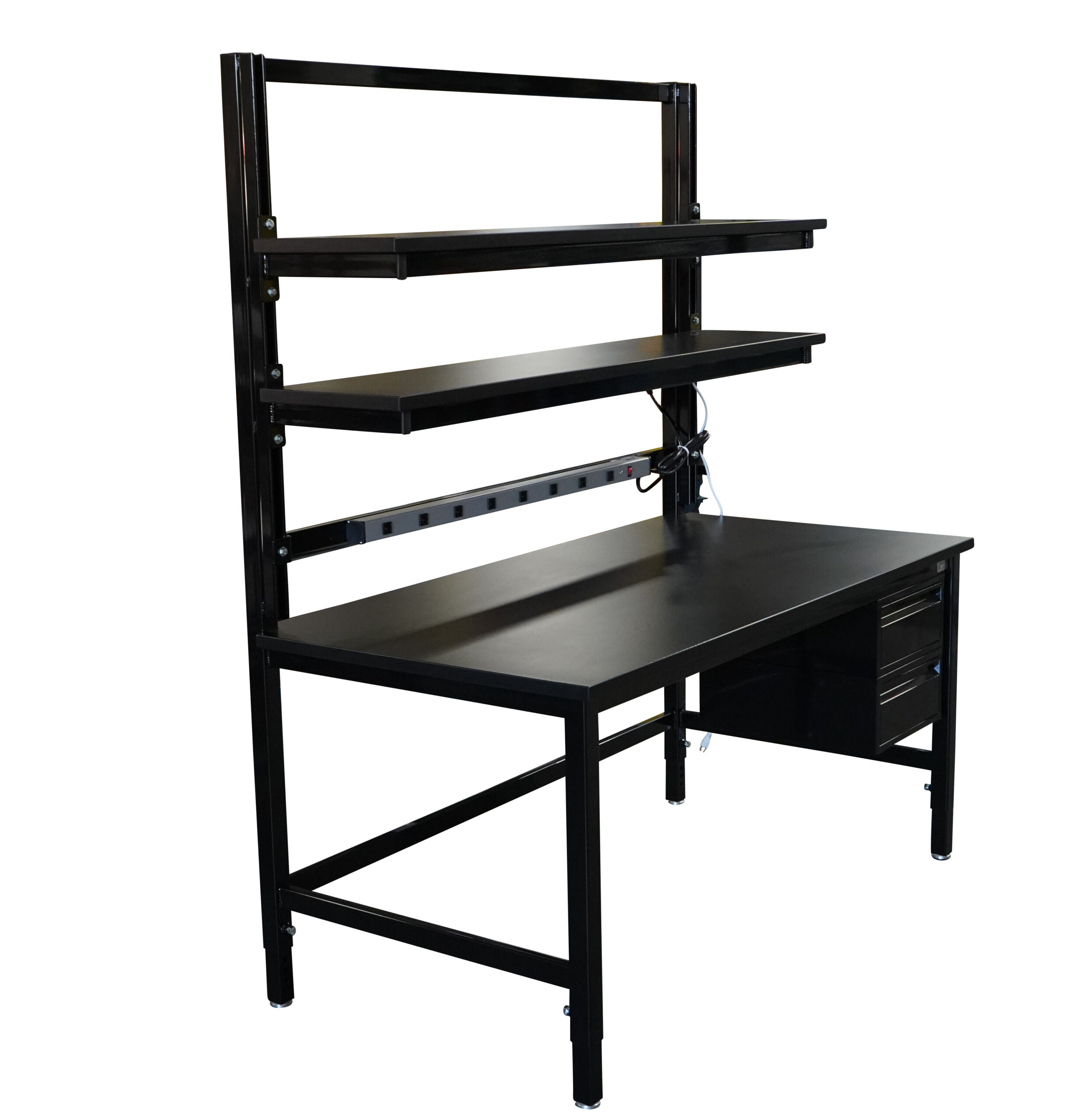 Modular Strut Channel Workbench with Double Cantilever Riser Shelves, PS Bar