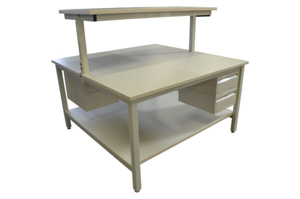 Double Sided Workbench with Detachable Riser Shelf, Bottom Shelf, Drawers