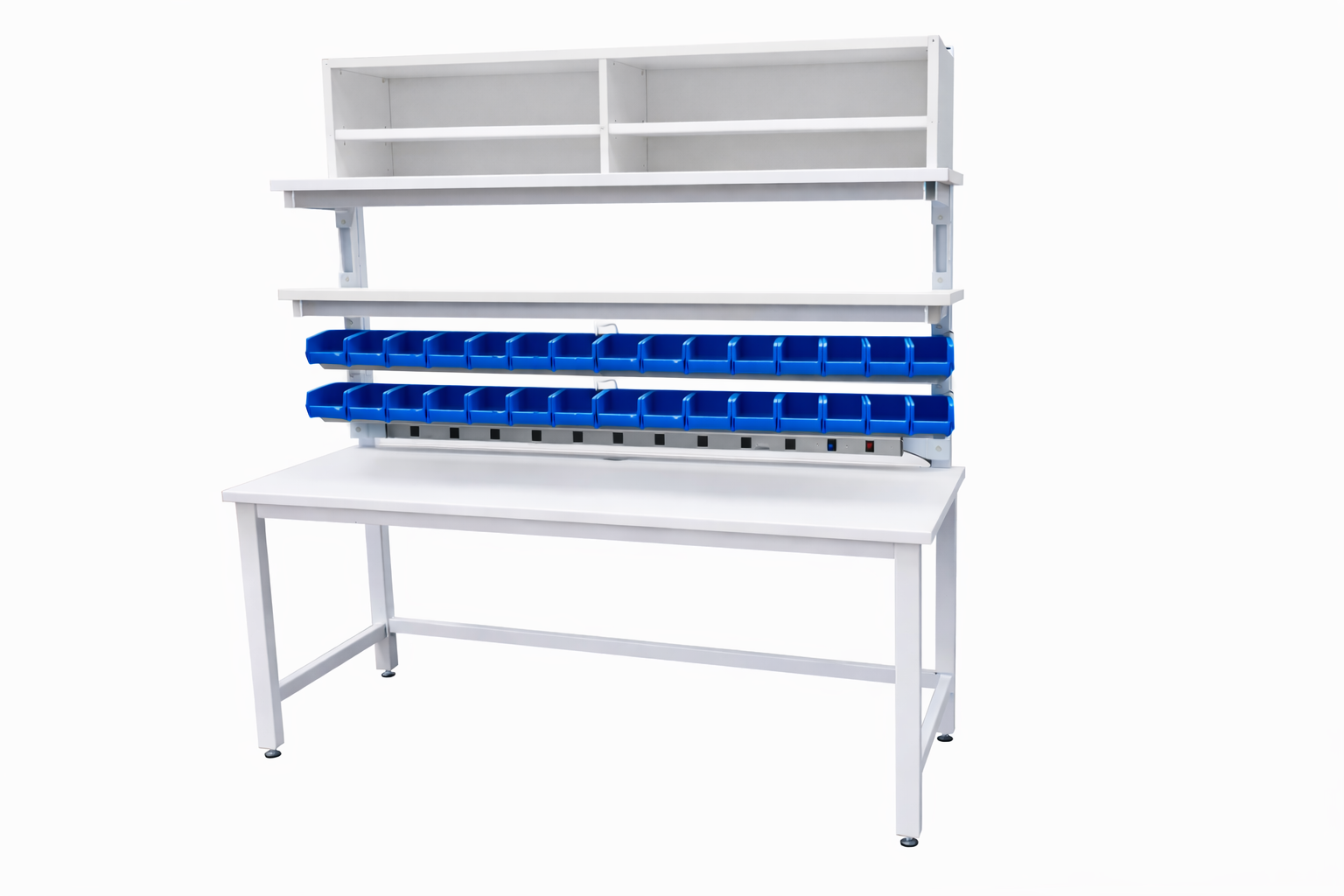 Modular Strut Channel Workbench with Cubby Shelf, PS Bar, Bin Rail