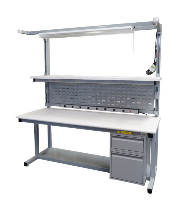 Modular Strut Channel Cantilever Workbench with Lightbar, Bin Panel, Bottom Shelf, Drawers