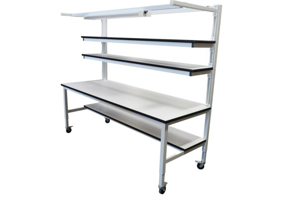 Modular Strut Channel Workbench with Double Shelves & Overhead Lightbar