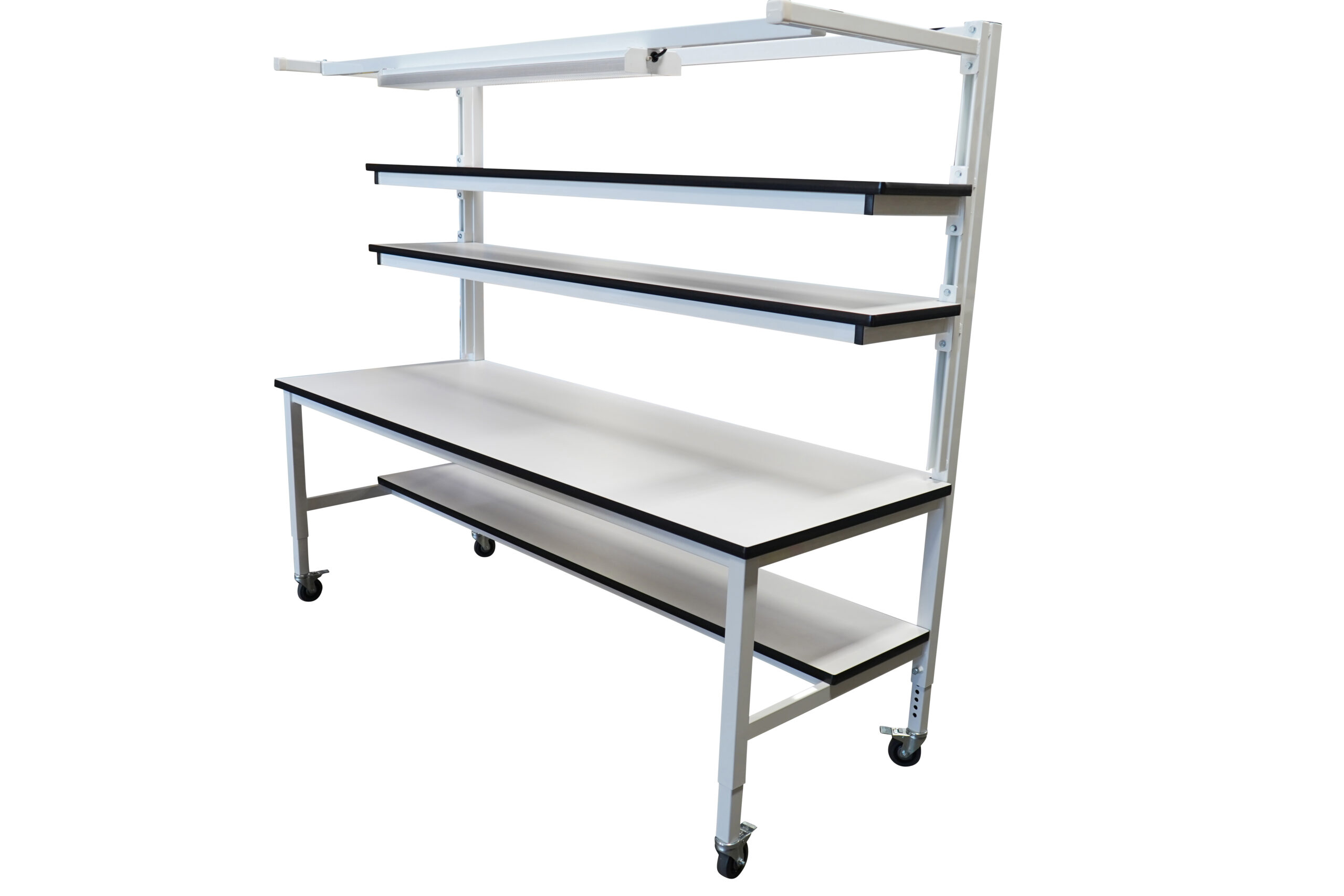 Modular Strut Channel Workbench with Double Shelves & Overhead Lightbar