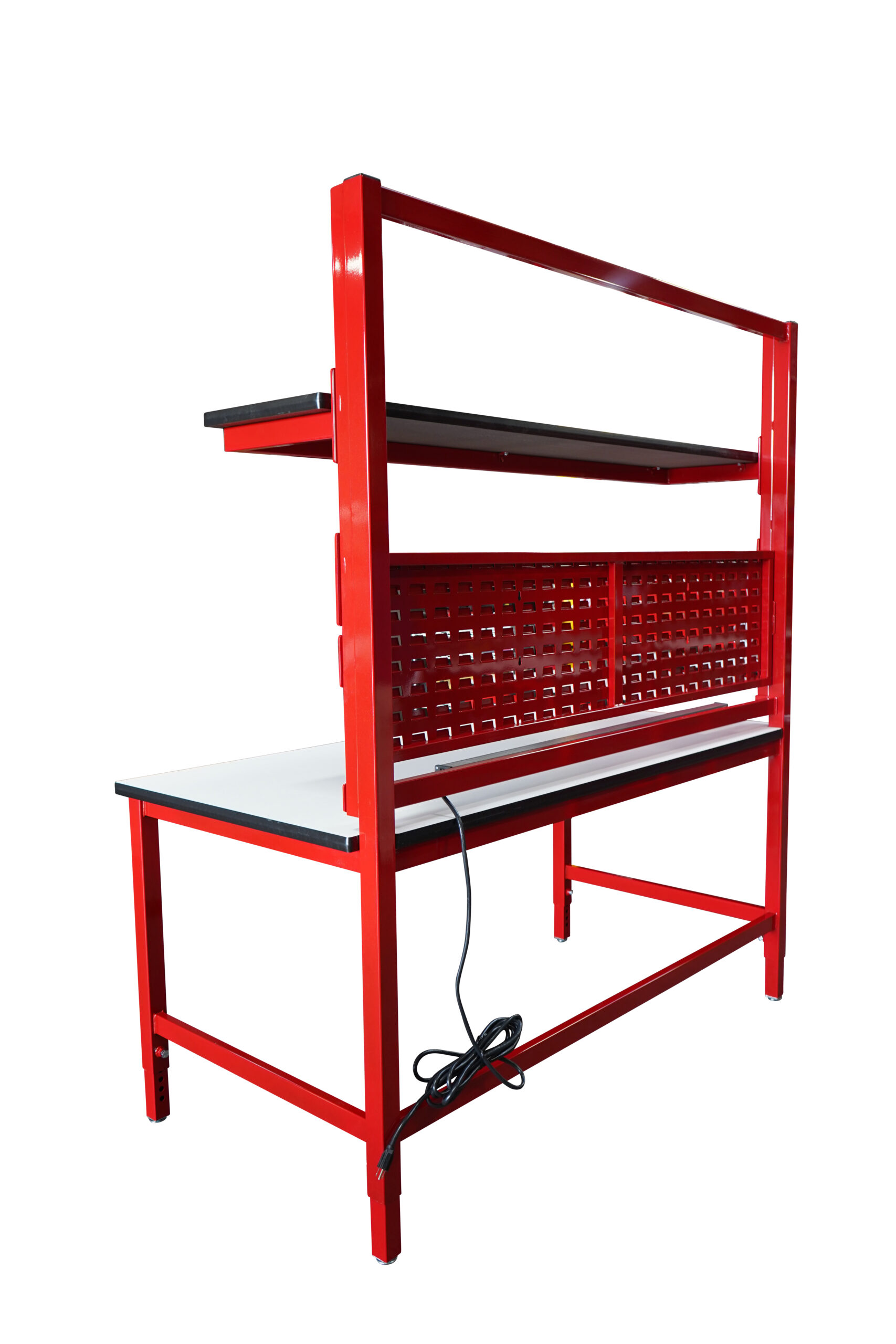 Modular Strut Channel Workbench with Double Shelves, Bin Panel, PS Bar