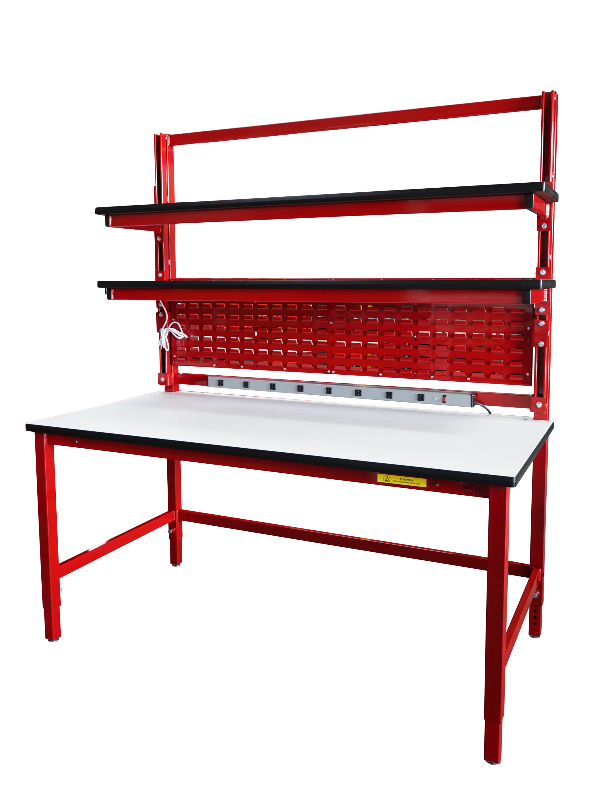 Modular Strut Channel Workbench with Double Shelves, Bin Panel, PS Bar