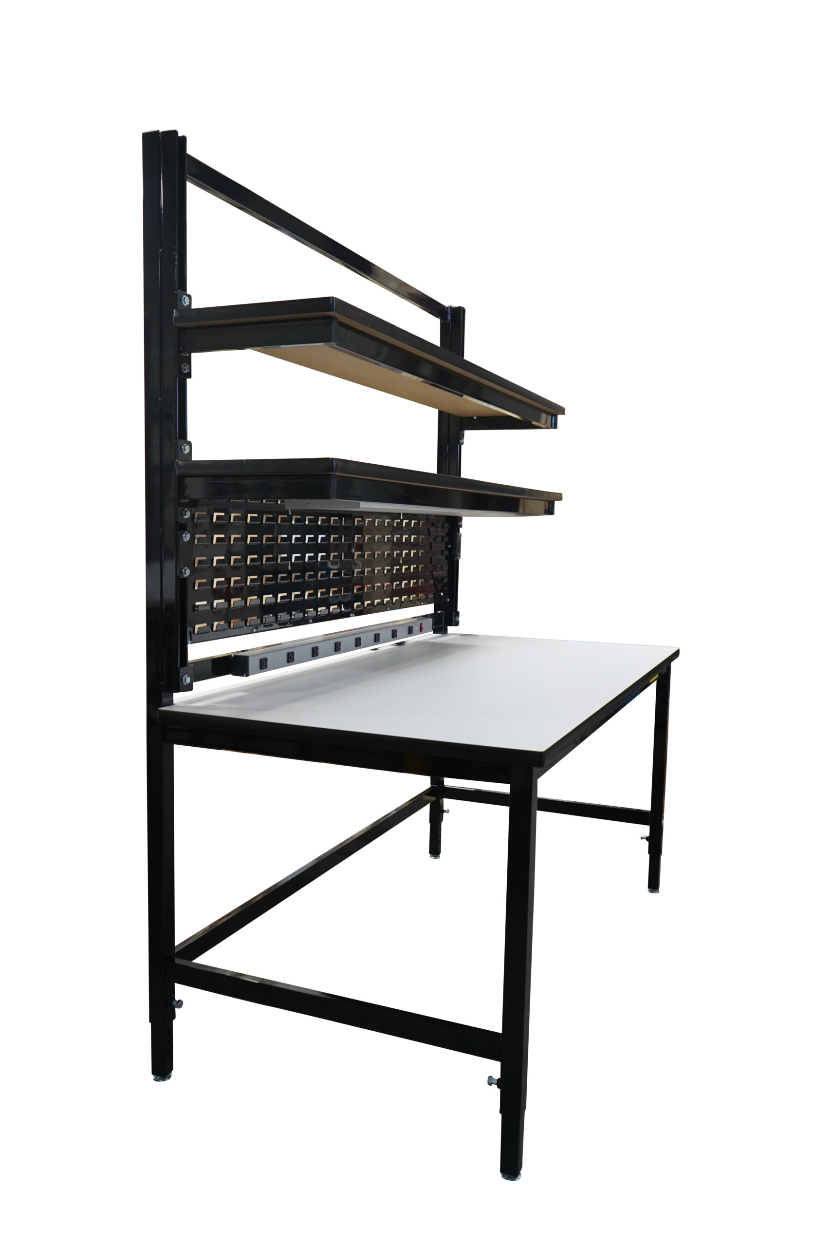 Modular Strut Channel Workbench with Double Shelves, Bin Panel, PS Bar