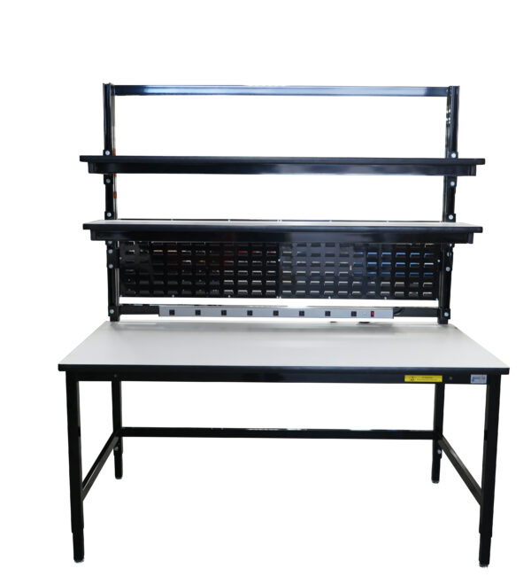Modular Strut Channel Workbench with Double Shelves, Bin Panel, PS Bar