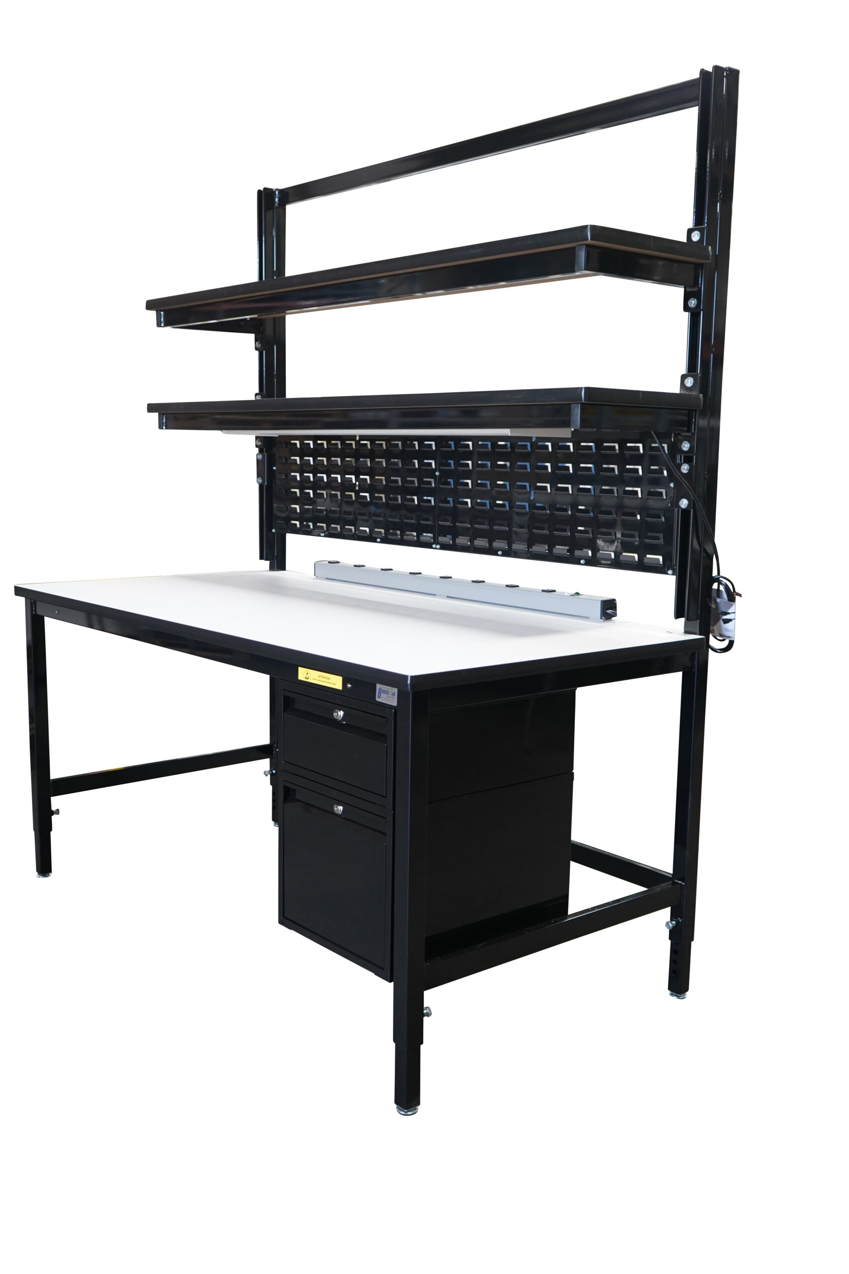 Modular Strut Channel Workbench with Double Shelves, Bin Panel, Lightbar, Drawers BTMU-26