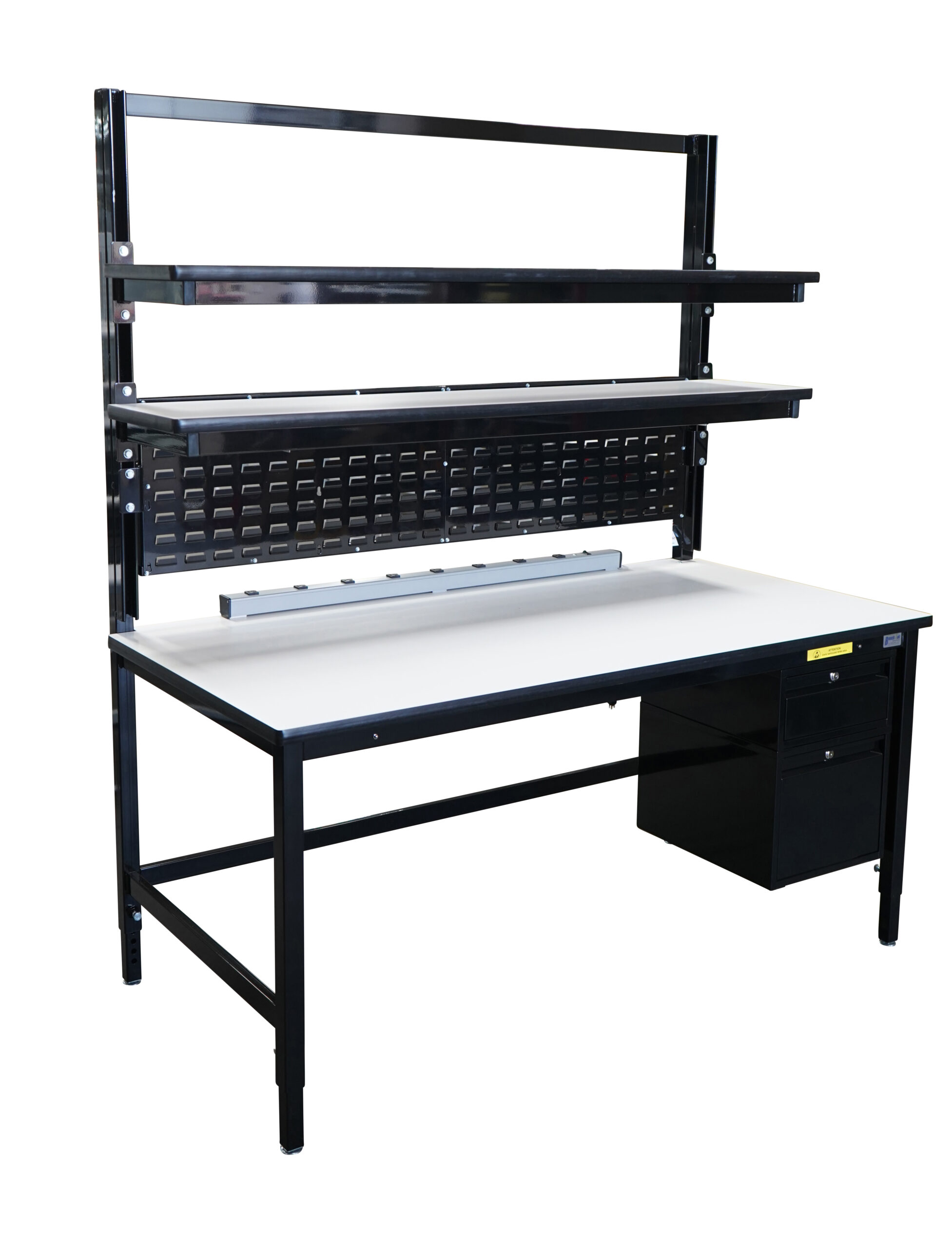 Modular Strut Channel Workbench with Double Shelves, Bin Panel, Lightbar, Drawers BTMU-26