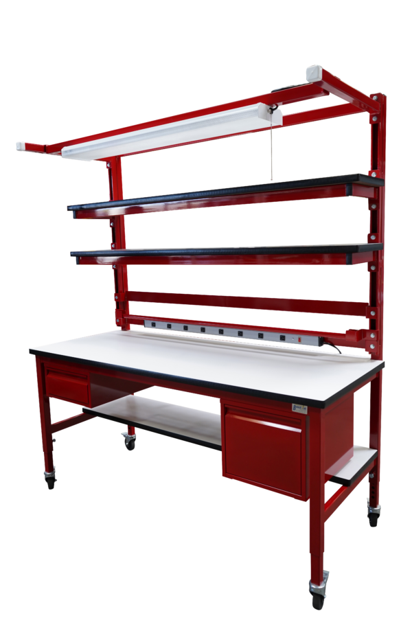 Modular Workbench with Double Shelves, Bin Rails & Overhead Lightbar