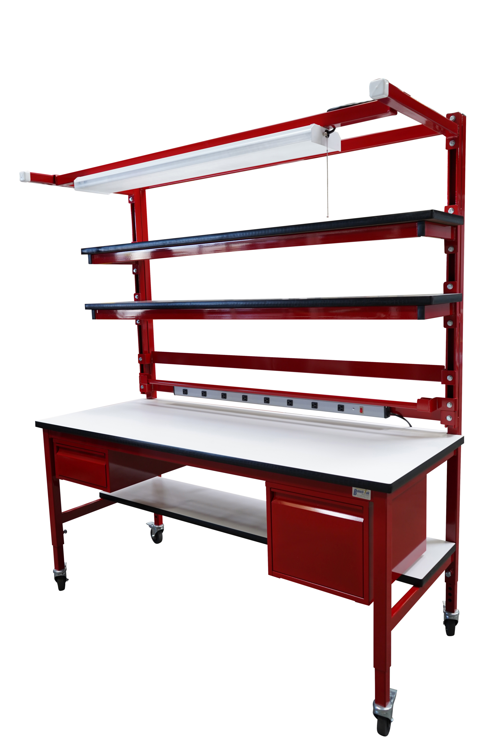 Modular Workbench with Double Shelves, Bin Rails & Overhead Lightbar