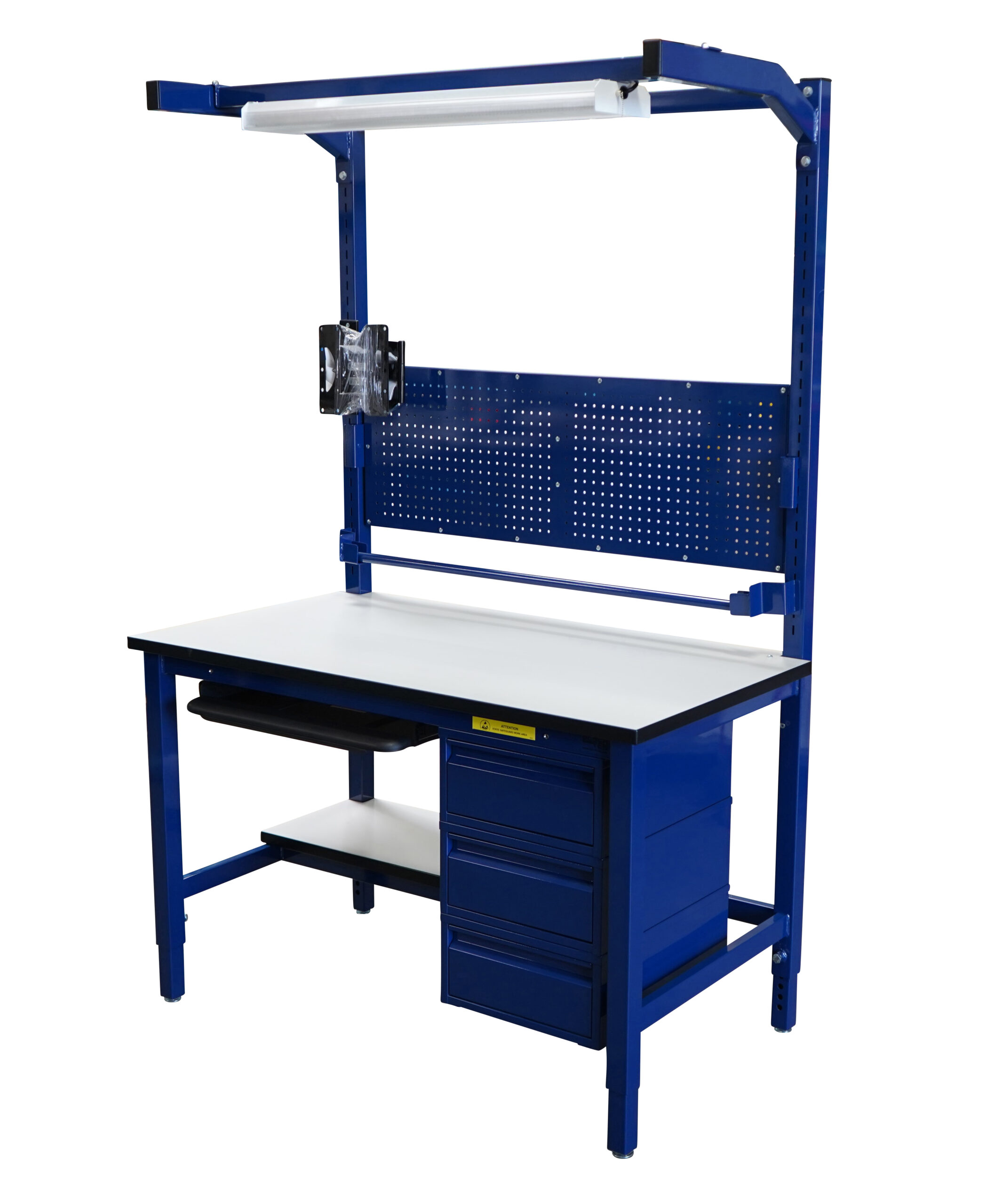 Modular Strut Channel Workbench with Lightbar, Bin Panel, Bottom Shelf