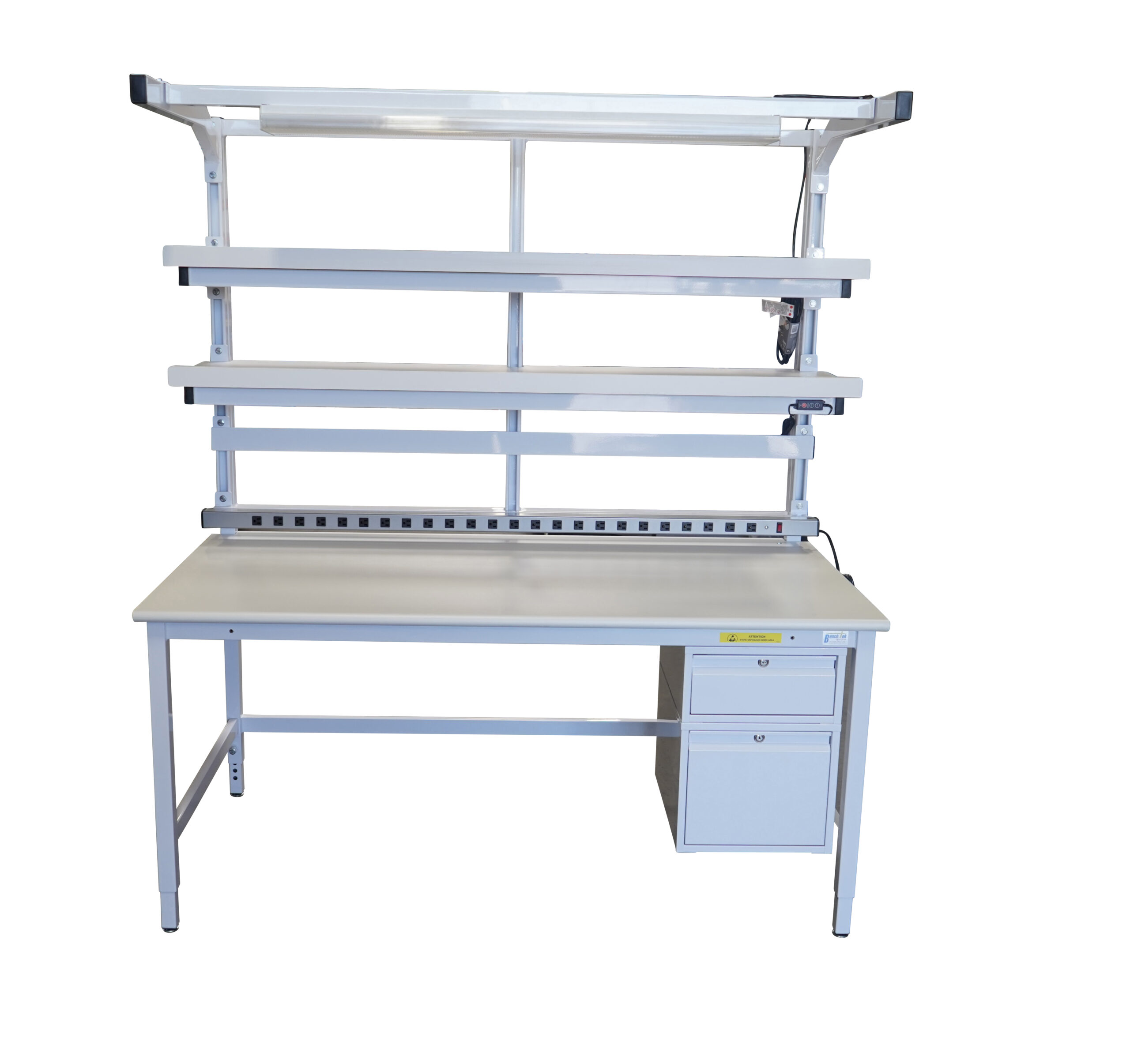 Sectionalized Slotted Modular Workbench with Double Shelves, Lightbar & Power Strip