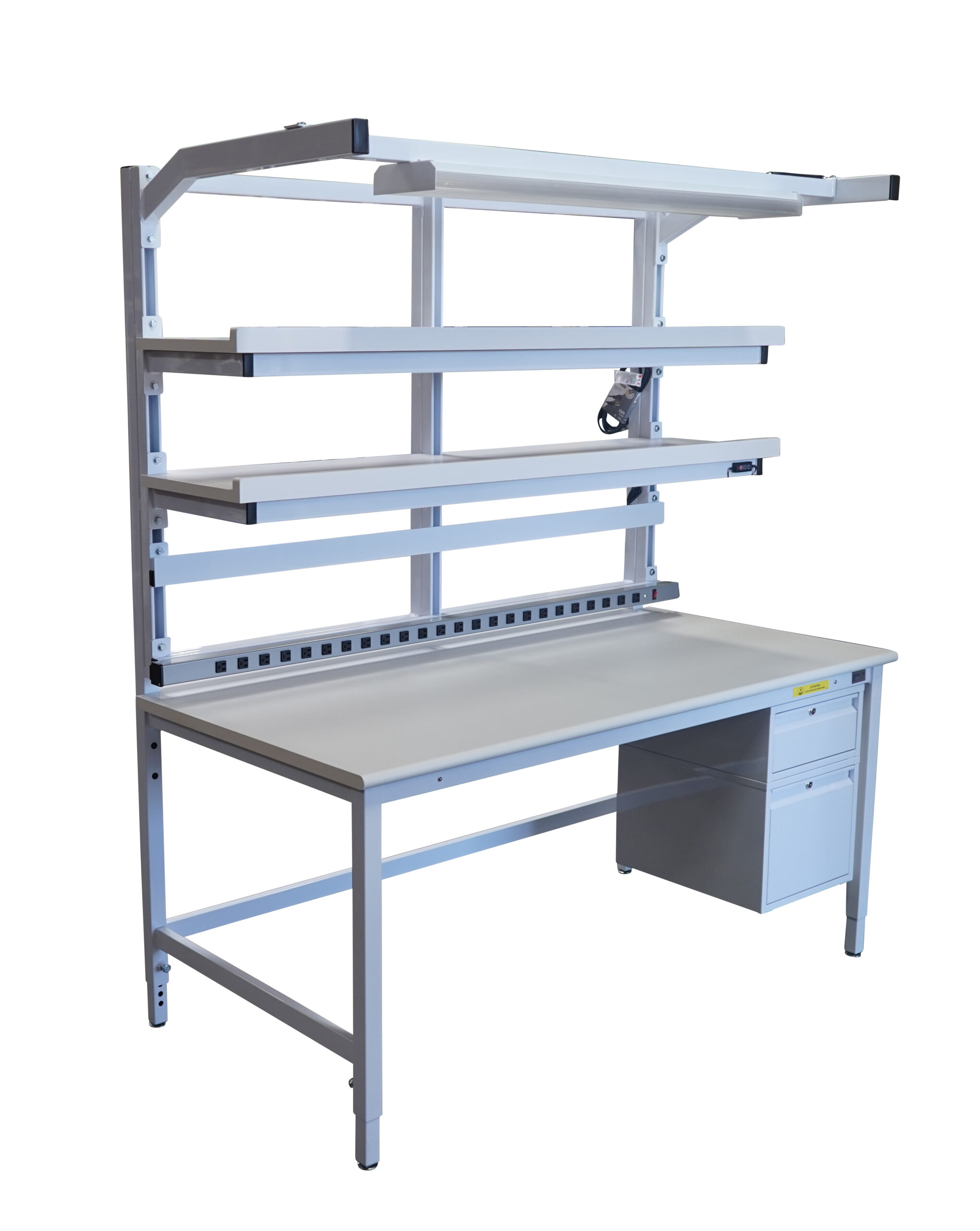 Sectionalized Slotted Modular Workbench with Double Shelves, Lightbar & Power Strip