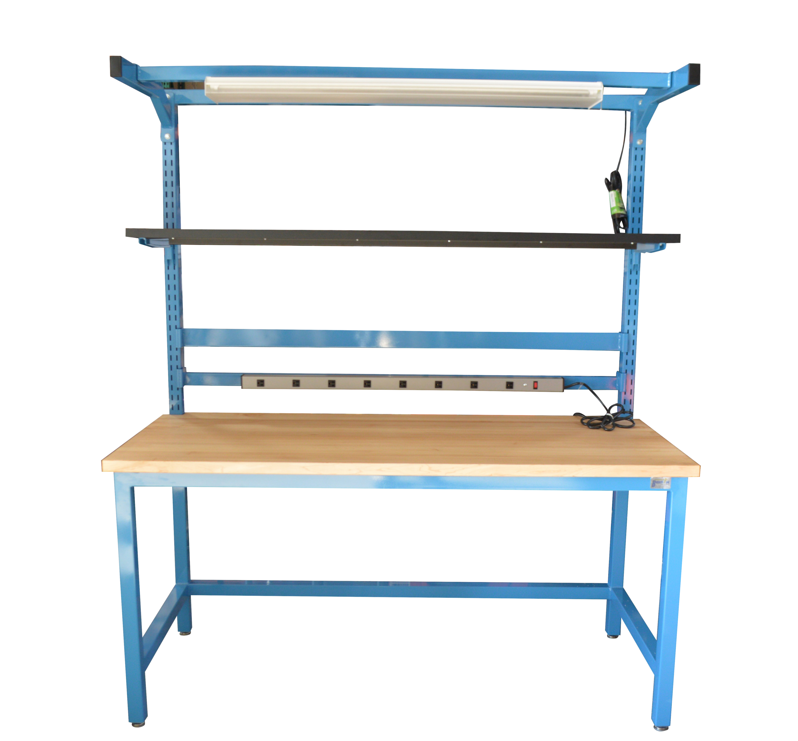 Maple Modular Workbench, Slotted Uprights, Lightbar, Riser Shelf