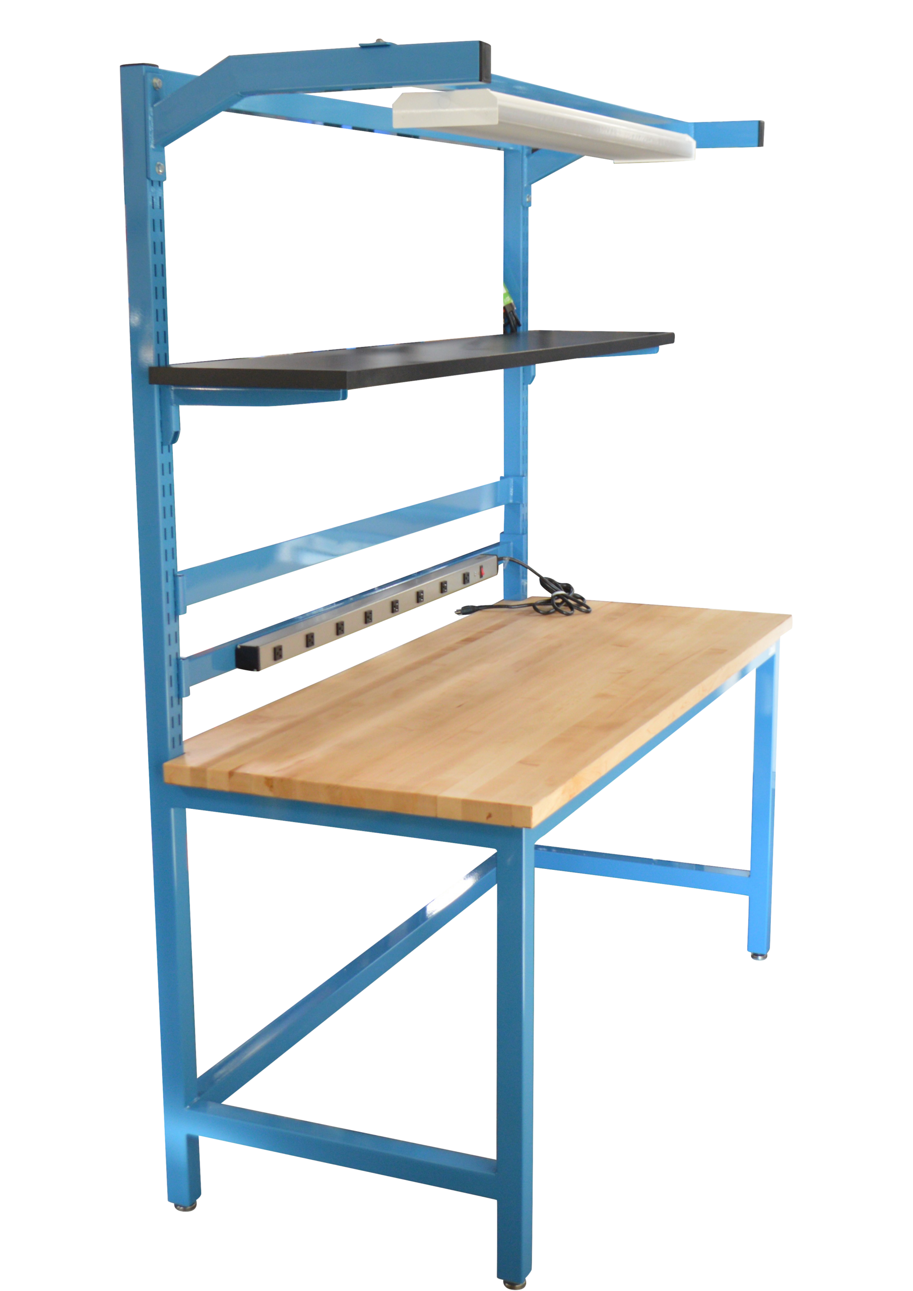 Maple Modular Workbench, Slotted Uprights, Lightbar, Riser Shelf