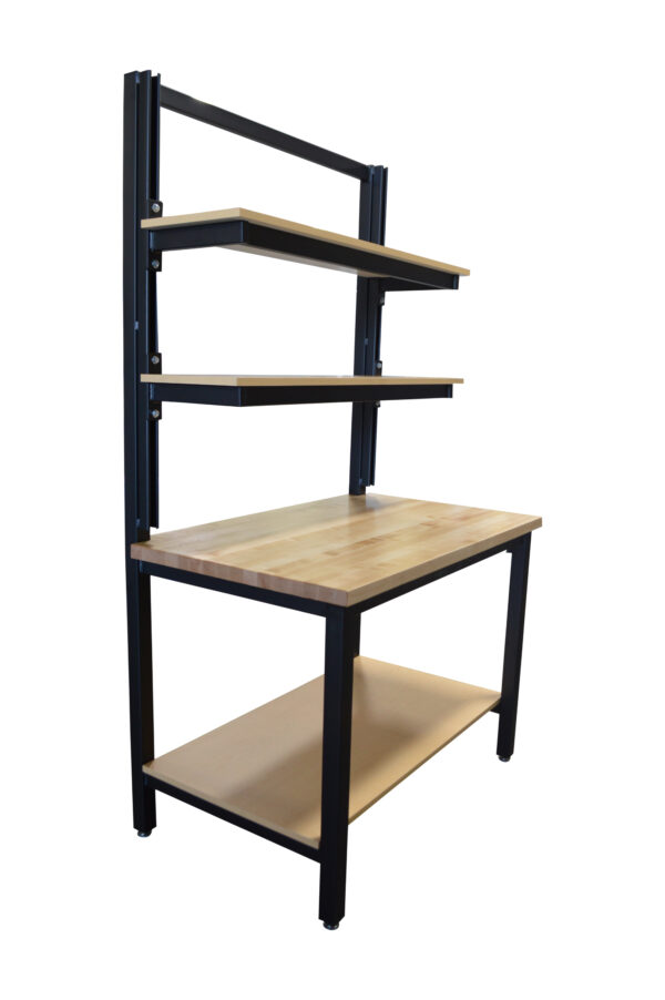 Modular Maple Top Workbench with Strut Channel Uprights, Two Cantilever Shelves, Bottom Shelf