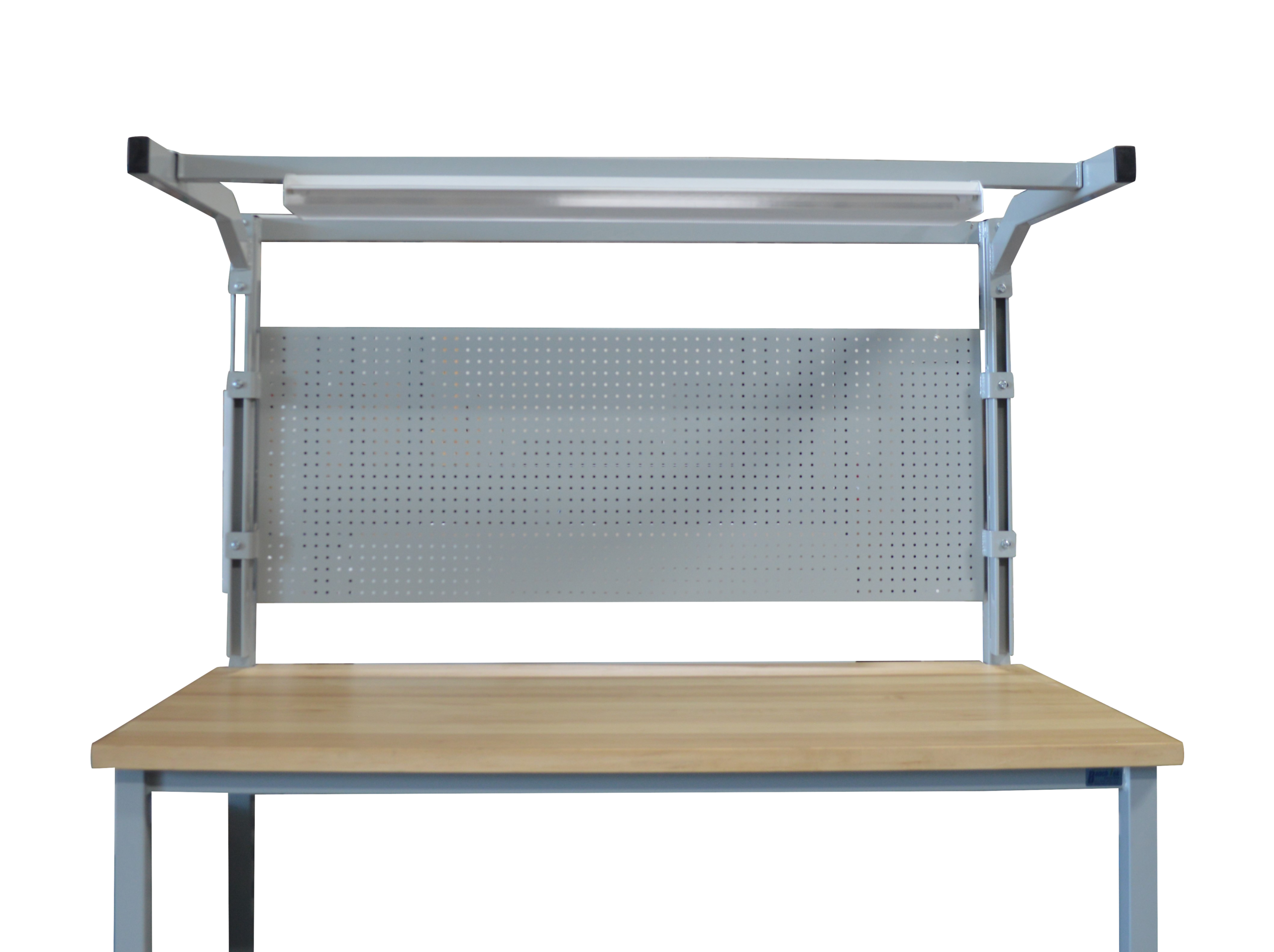 Maple Top Workbench with Strut Channel Uprights & Overhead Lightbar, Pegboard