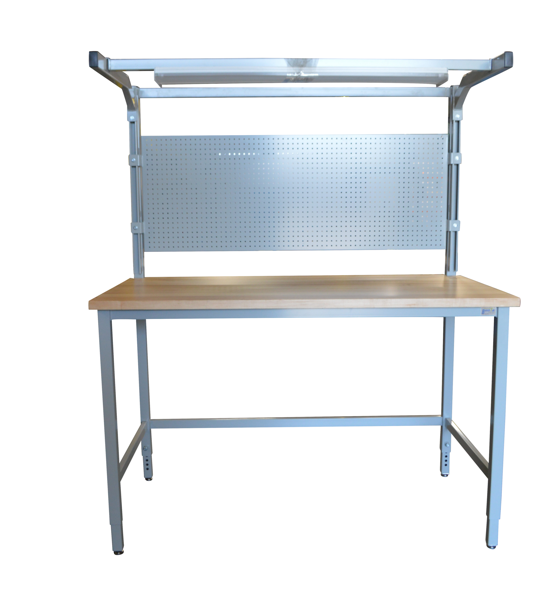 Maple Top Workbench with Strut Channel Uprights & Overhead Lightbar, Pegboard