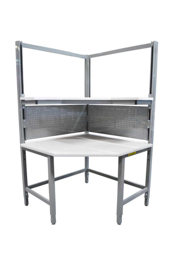 Modular Strut Channel Corner Workbench with Adjustable Shelf, Bin Panels