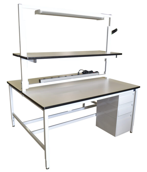 Modular Strut Channel Double Sided Workbench with Detachable Riser Shelf, Lightbar, Power Strip, Drawers