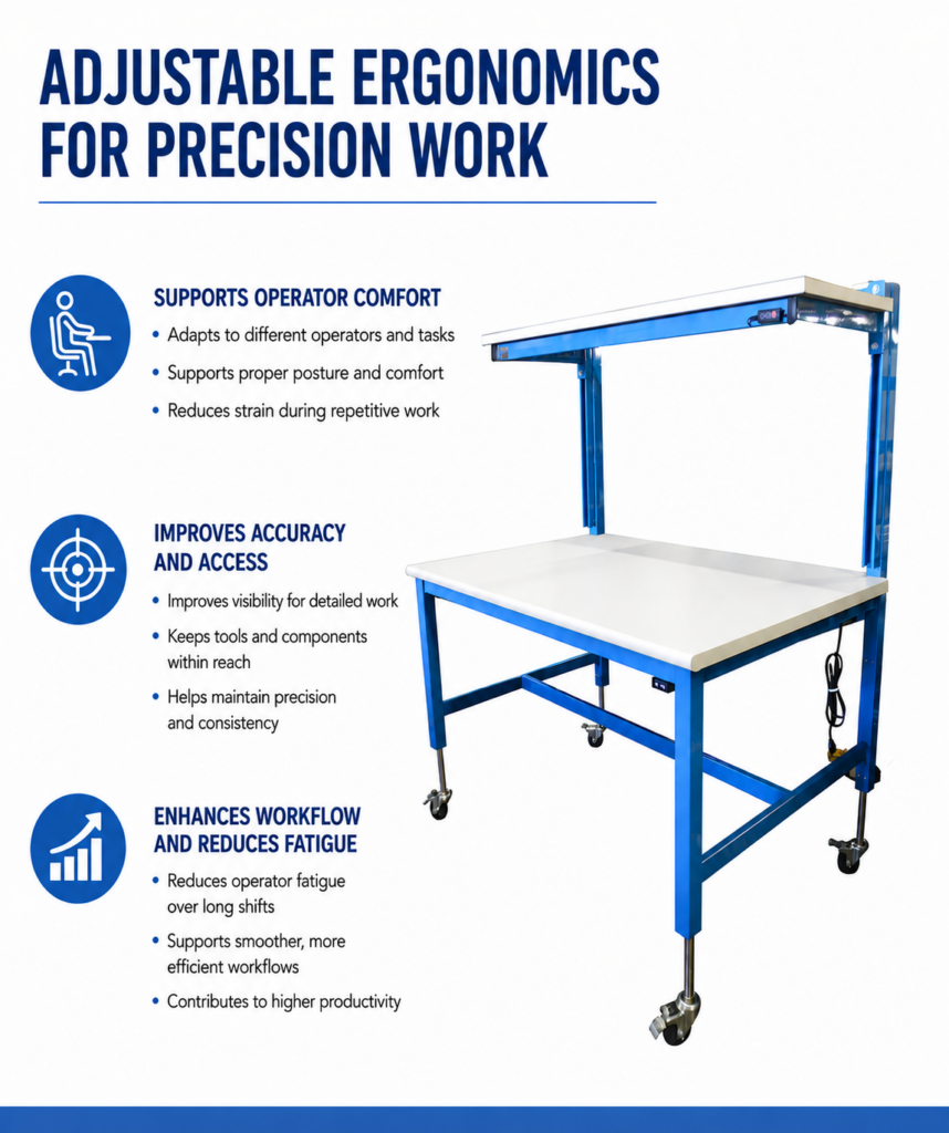 Infographic showing an adjustable ergonomic workstation for precision work, highlighting operator comfort, improved accuracy and access, and enhanced workflow efficiency with reduced fatigue.
