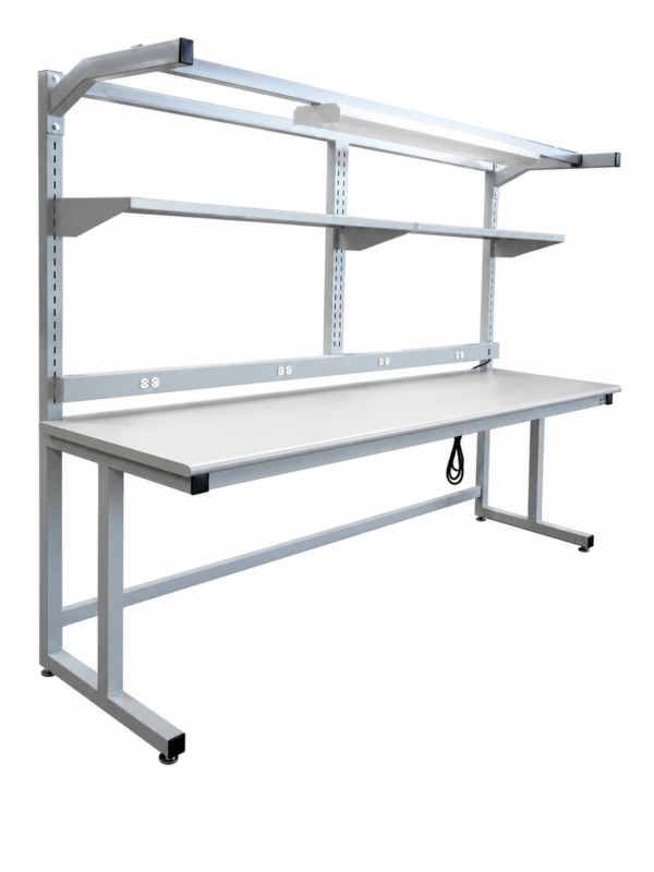 Sectionalized Slotted Modular Workbench with Perforated Shelves, PS Inlay & Overhead Lightbar