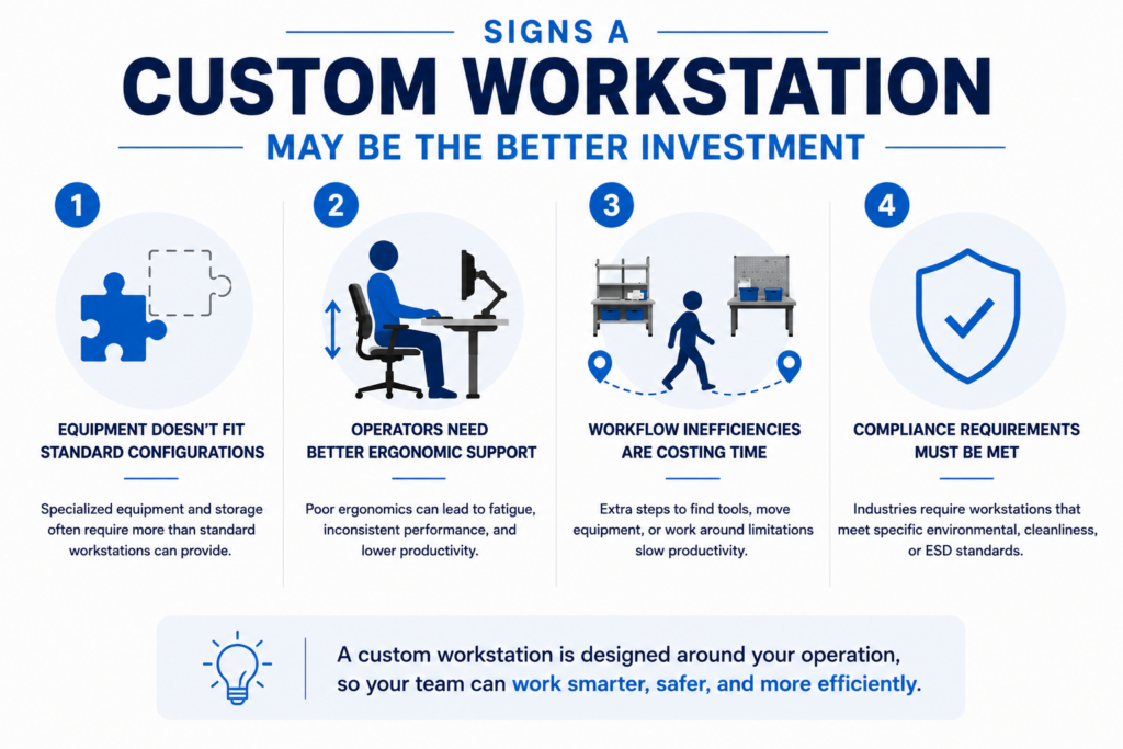 Infographic highlighting signs a custom workstation is the better investment, including specialized equipment needs, ergonomic requirements, workflow efficiency, and compliance standards.