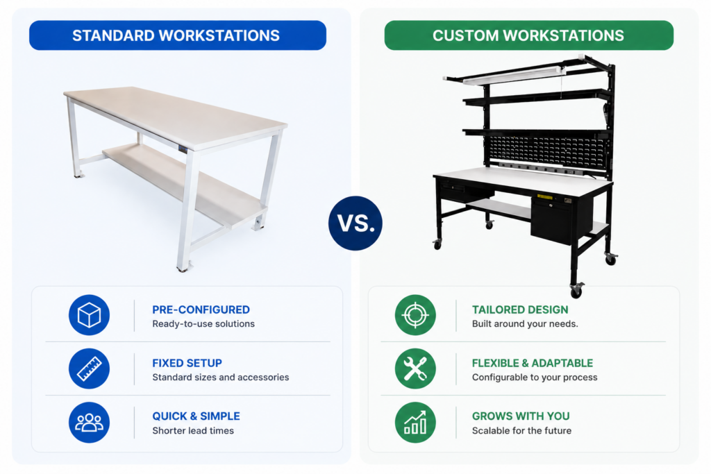 Comparison of standard and custom workstations showing pre-configured solutions versus tailored workstation designs with flexible features.