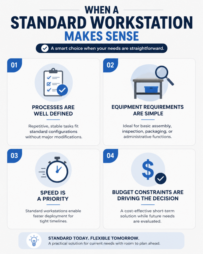 Infographic explaining when a standard workstation is the best choice, including defined processes, simple equipment requirements, faster deployment, and budget considerations.