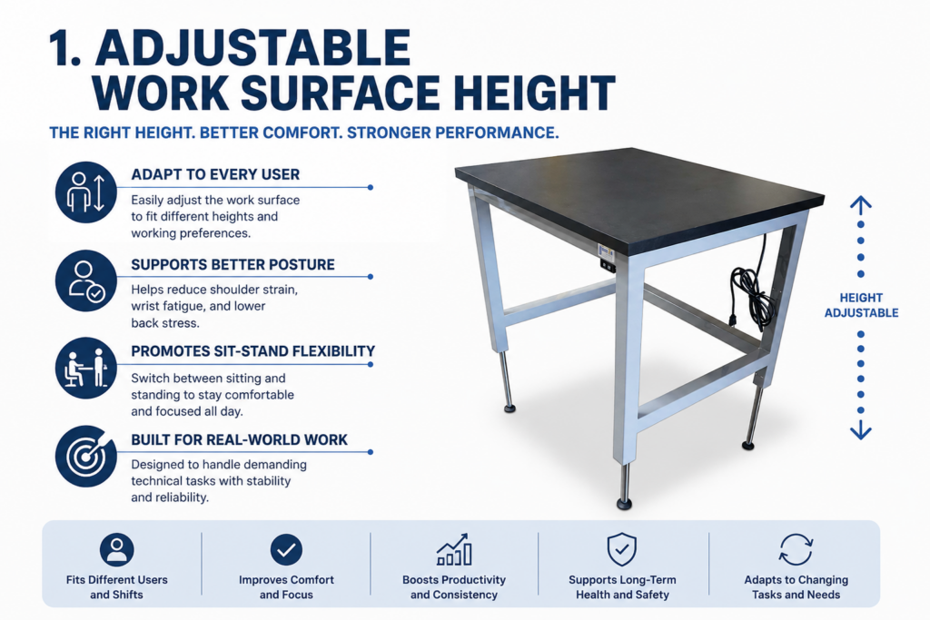 Infographic showing the benefits of adjustable work surface height for ergonomic technical workstations, including improved posture, comfort, and productivity.