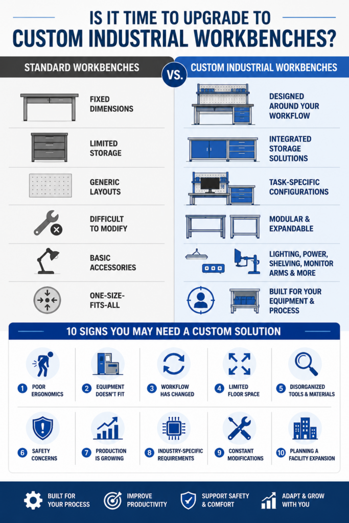 Infographic comparing standard and custom industrial workbenches while highlighting ten signs that indicate a facility needs a custom workbench solution for improved productivity, ergonomics, and workflow efficiency.