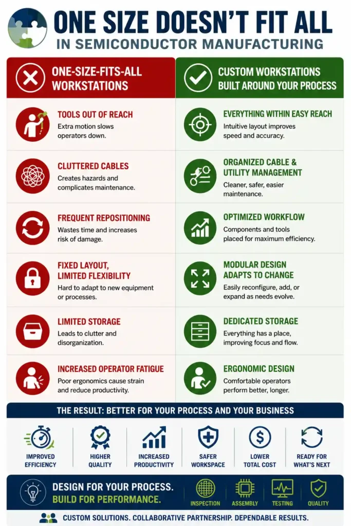 Infographic comparing one-size-fits-all workstations with custom semiconductor manufacturing workstations, highlighting improvements in efficiency, ergonomics, organization, flexibility, and productivity.